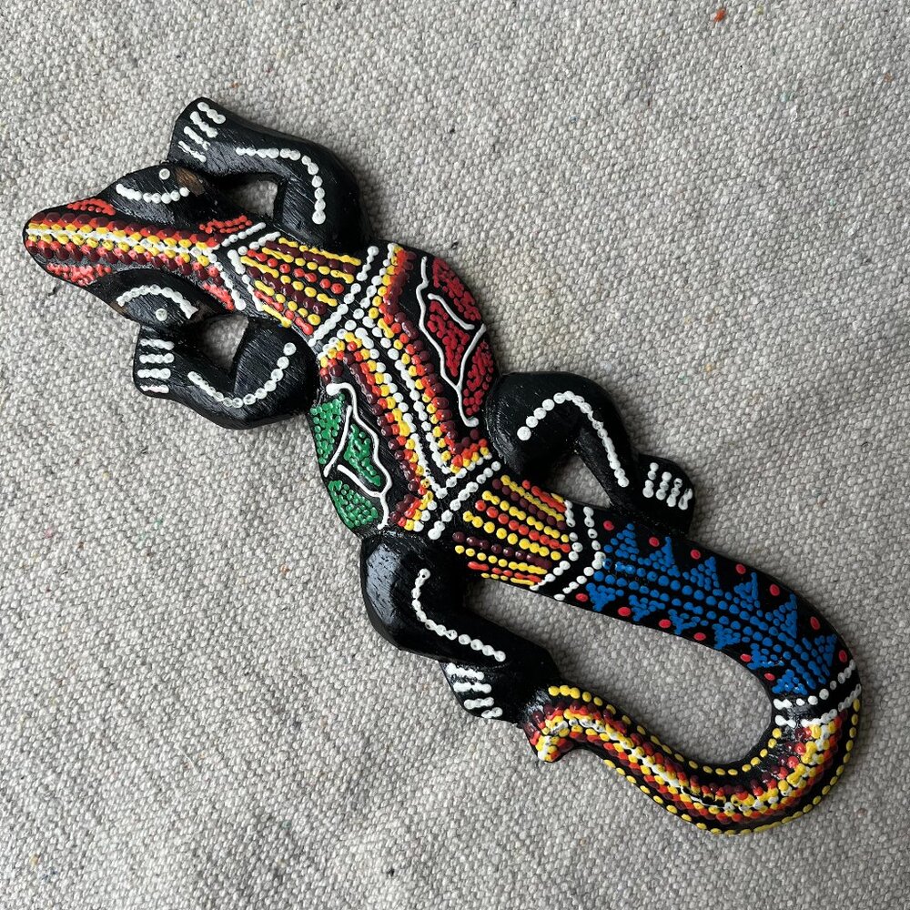 Hand Carved Wooden Gecko Lizard 7.5" Art Decor Aboriginal Dot Painted Style Bali